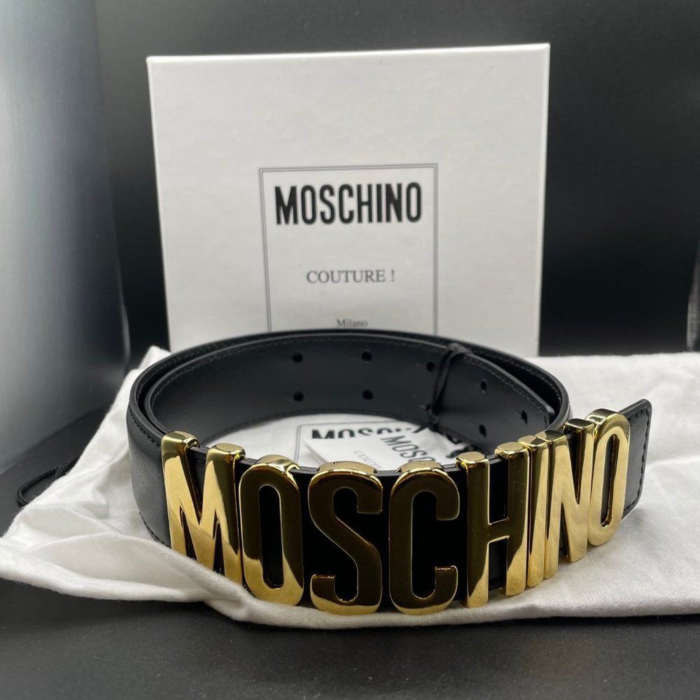 NEW!!! Moschino Black Logo Gold Belt - 38